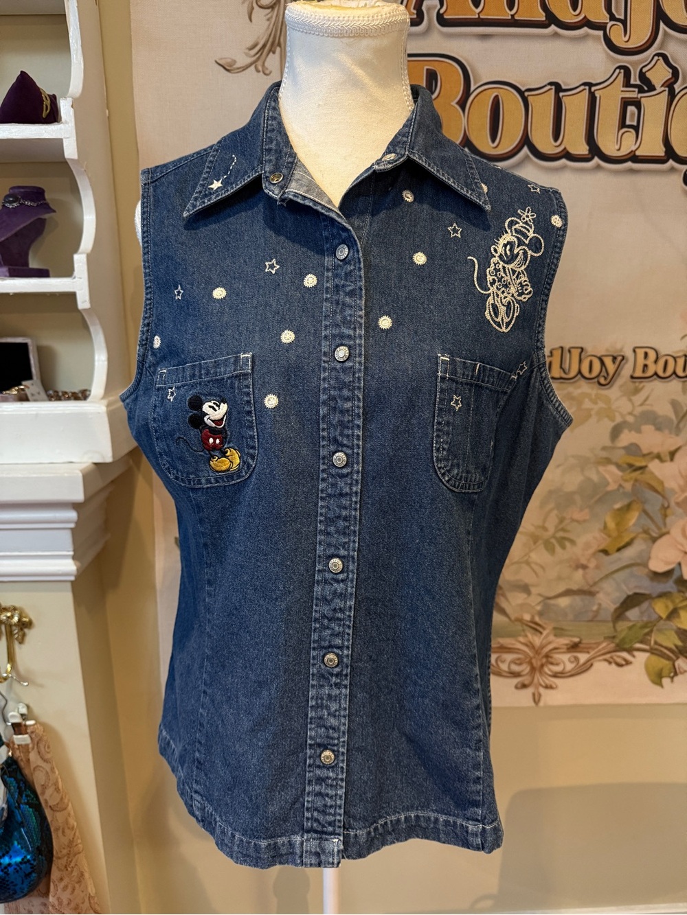 Disney Dark Blue Denim Sleeveless Button-Down Top with Mickey Embroidery